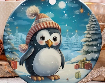 ペンギンのクリスマスオーナメント、冬の風景、ホリデーデコレーション