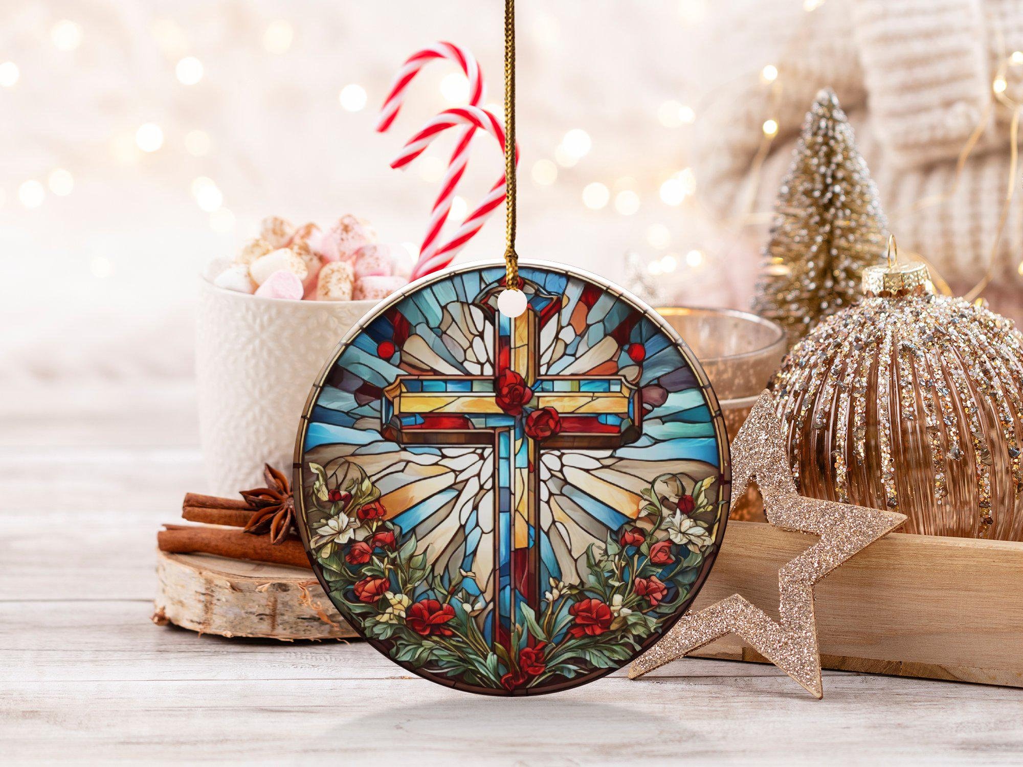 Buntglas-Fensterbehang Mit Kreuz-Motiv, Rund, 20 Cm – Religiöse Wanddekoration & Sonnenfänger