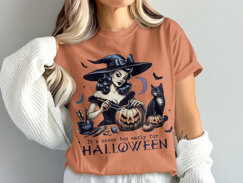 It's Never Too Early For Halloween T-Shirt, Witch and Cat Halloween Shirt, Spooky Season Tee, Fall Graphic Shirt, Halloween Party Top