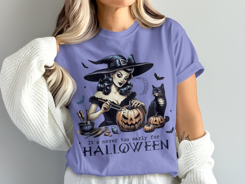 Halloween Witch Graphic T-Shirt, Never Too Early for Halloween Tee, Spooky Season Shirt, Pumpkin Carving Cat and Bats Design