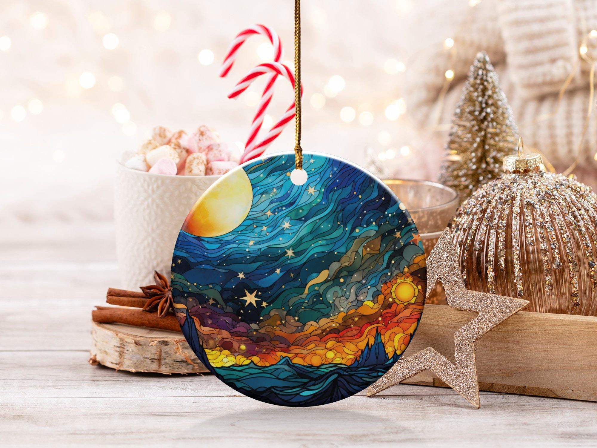 天体をテーマにした装飾品、夜空のアート装飾品、陶器風装飾品、太陽と