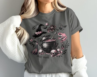 Comfort Colors Witches Brew Graphic T-Shirt, Feelin' Witchy Halloween Shirt, Magic Potion Frog Tee, Spooky Witch Hat Skull Design