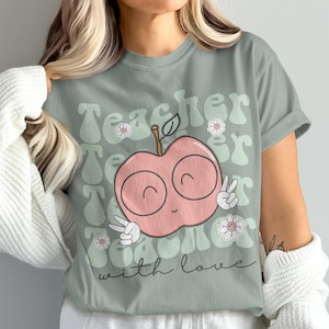 Comfort Colors Cute Teacher Apple Graphic Tee, Funny Teacher Shirt, Teacher Appreciation Gift, Peace Sign Shirt, Back to School T-Shirt