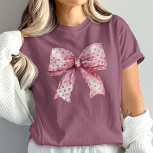 Comfort ColorsCute Pink Polka Dot Bow T-Shirt for Women, Girls Casual Graphic Tee, Adorable Cartoon T-Shirt, Fun Novelty Shirt Gift Idea