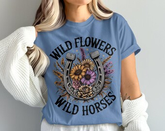 Comfort Colors Wild Flowers Wild Horses Graphic Tee, Wildflower and Horseshoe T-Shirt, Country Western Shirt for Women,Boho Floral Horse Tee