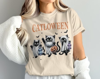 Comfort Colors Cute Cat Halloween T-Shirt, Funny Ghost Cats Design, Unique Halloween Gift, Spooky Cat Lover Tee,Trick or Treat Costume Shirt