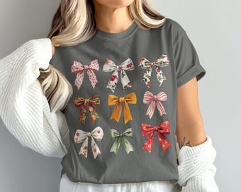 Comfort Colors Floral Bow T-shirts for Women, Colorful Bow Graphic Tees, Trendy Fashion Tops, Casual Bow Shirts, Cute Bow Print T-shirts