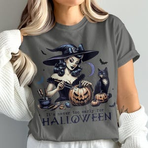 Vintage Inspired Witch and Cat Halloween Shirt, Retro Halloween Graphic Tee, Spooky Season Apparel, Fall Pumpkin Shirt