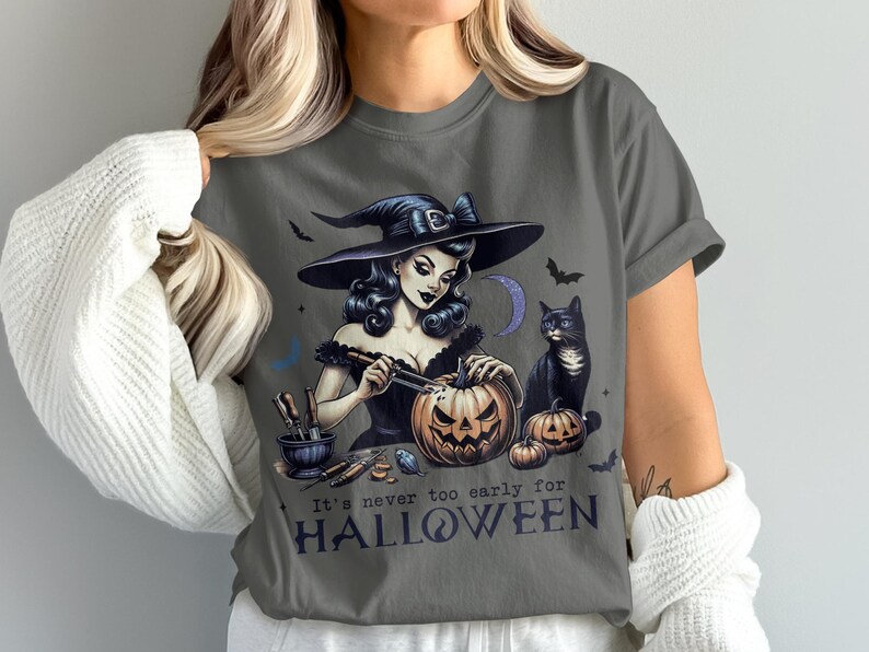 Vintage Inspired Witch and Cat Halloween Shirt, Retro Halloween Graphic Tee, Spooky Season Apparel, Fall Pumpkin Shirt