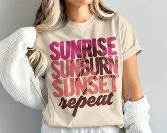 Comfort kleuren zonsopgang zonnebrand zonsondergang herhaling T-shirt, zomervakantie T-shirt, strand T-shirt, retro grafisch T-shirt, leuk zomershirt, casual vakantiekleding