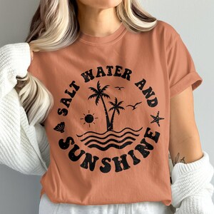 Comfort Colors Salt Water and Sunshine Graphic Tee, Tropical Beach Vibes T-Shirt, Summer Vacation Shirt, Palm Trees and Waves Tee