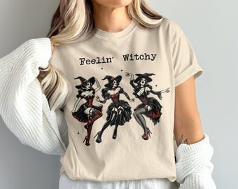 Komfort Farben Witchy T-Shirt, Pinup Hexe Shirt, Halloween Shirt, Hexe TShirt, Spooky Saison,Witchy Vibes Tee,Glam Hexe Shirt,Hexen T-Shirt