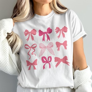 Comfort Colors Cute Pink Bow Tee, Stylish Bow Patterns T-Shirt, Trendy Pink Bows Design Top, Adorable Bow Print Tee, Pink Bow Casual Shirt