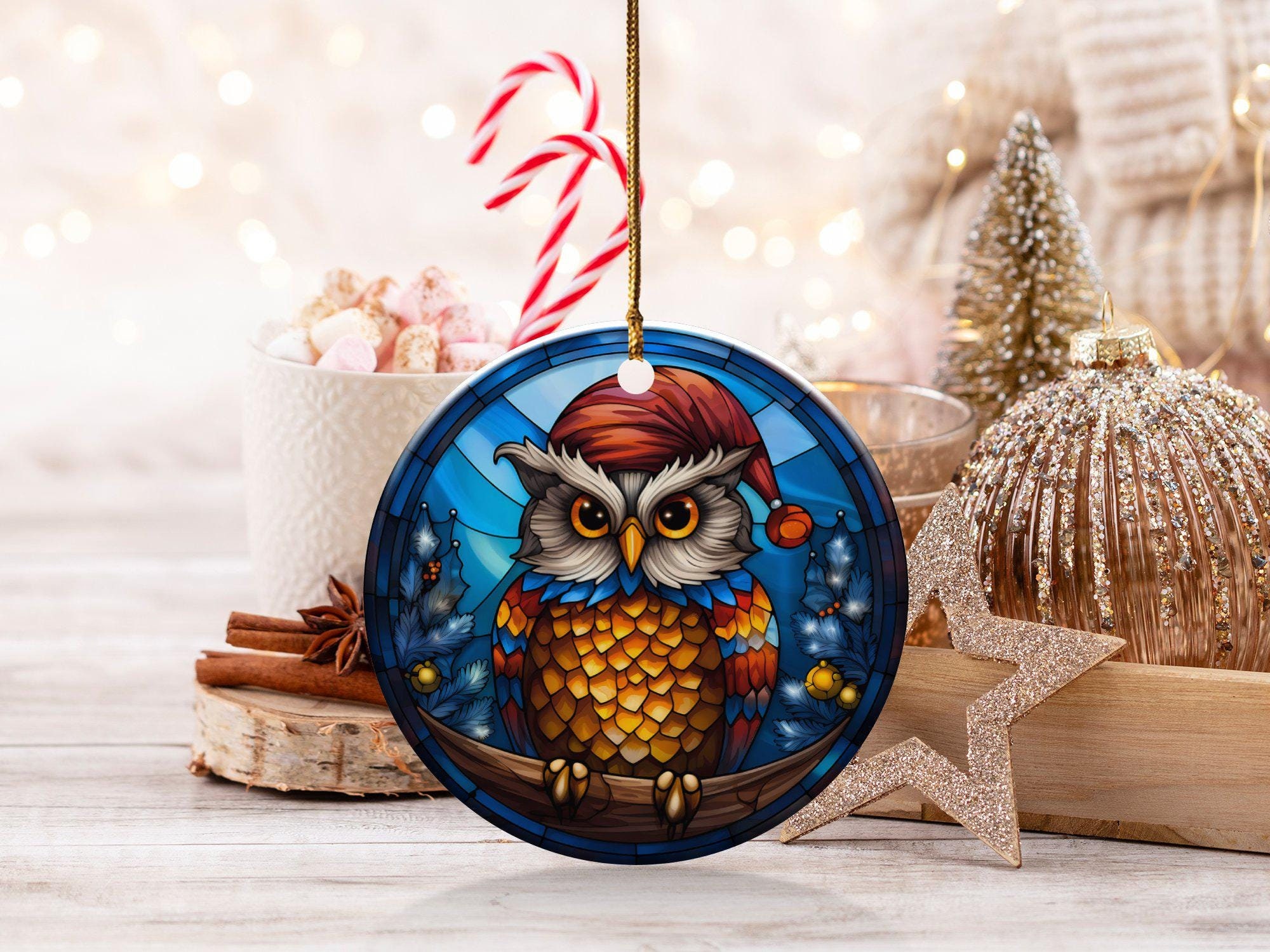 Christmas Owl Ornament, Ceramic Style, Holiday Tree Decoration, Unique Christmas Gift, Festive Home