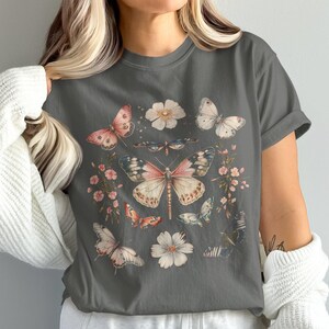 Comfort Colors Vintage Butterfly Floral Illustrations T Shirt, Retro Insect Nature Art Tee,Botanical Garden Gift, Wildflower Shirt for Women