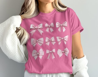 Comfort Colors Cute Pink Bow Pattern T-Shirt, Adorable Bow Tshirt, Fun Checkered Bow Tee,Perfect Gift Shirt, Trendy Bow Tee,Unique Gift Idea