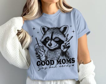 Komfortfarben gute Mütter sagen schlechte Worte T-Shirts, Waschbär-Friedenszeichen, Eiskaffee-Getränk, lustige Mutter-T-Shirts, Mutter-Leben-Shirt, Grafik-T-Shirts