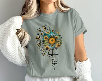 Comfort Colors Sunflower and Butterflies Faith T-Shirt, Inspirational Graphic Tee, Positive Vibes Shirt,Summer Casual TopNature Lovers Gift