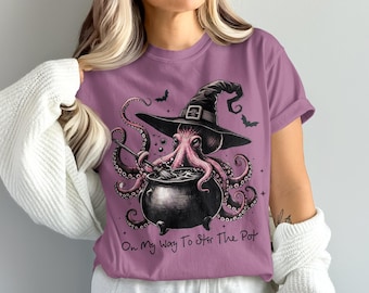 Comfort Colors Witch Octopus Stirring Pot Halloween Shirt,Funny Spooky Season Tee,Magical Octopus Art T-Shirt,Hand Drawn Witchy Octopus Tee