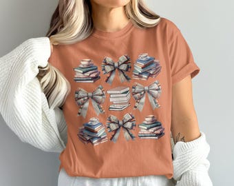 Comfort ColorsBook Lover T-Shirt, Cute Teacup and Book Stack Design Tee, Vintage Books and Bow Patterns T-Shirt, Cozy Reading Shirt