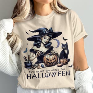 Halloween Witch Graphic Tee, Women's Halloween Shirt, Black Cat Pumpkin Design, Cute Witch T-Shirt, Spooky Season Wear