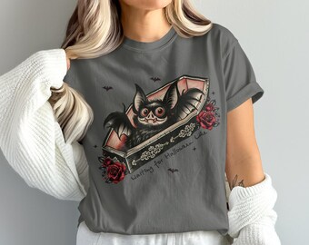 Comfort Colors Cute Bat T-Shirt, Spooky Halloween, Coffin Tee, Funny Bat Shirt, Vampire Bat, Rose Design T-Shirt, Goth Style, Emo T-Shirt