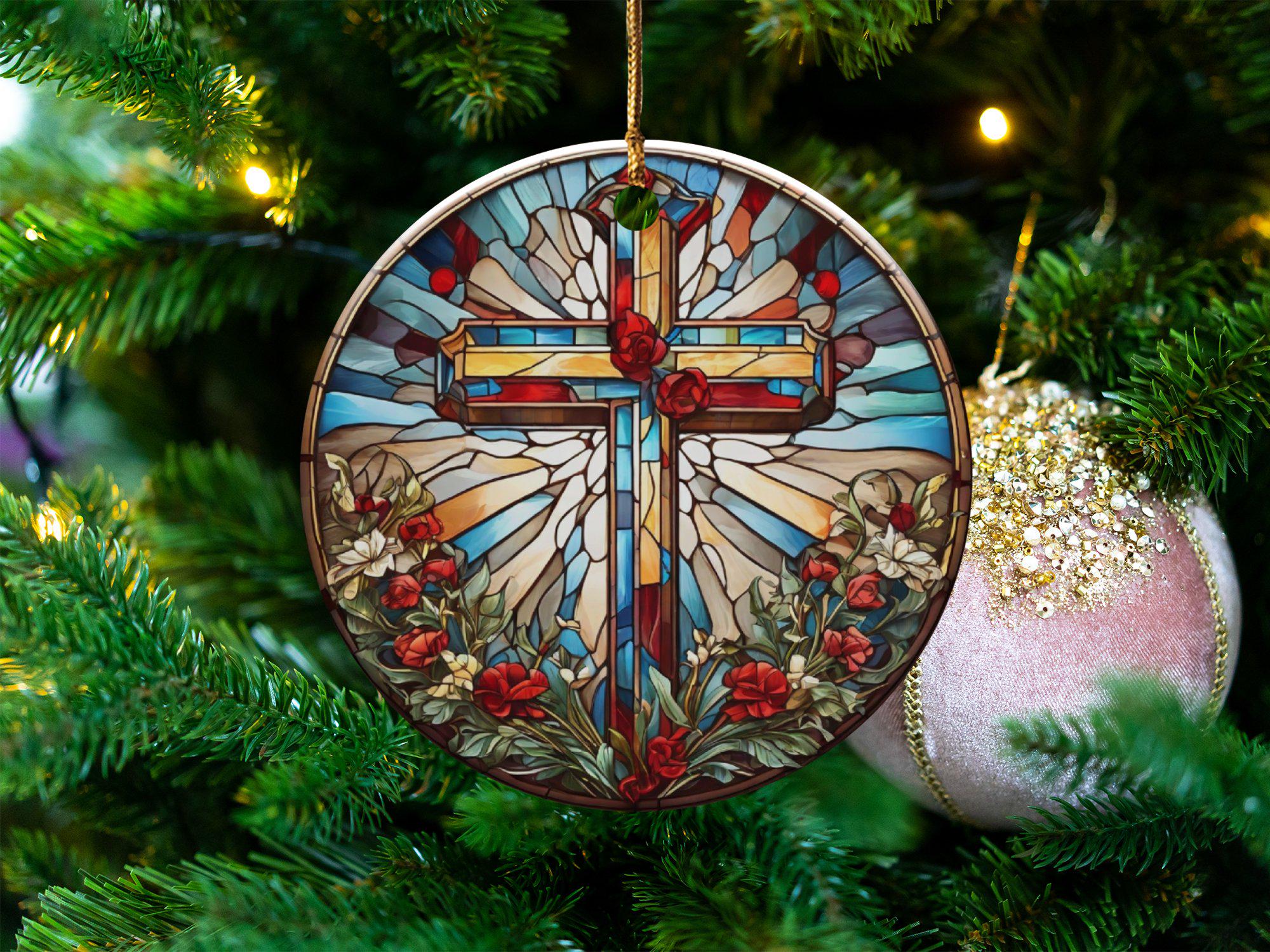 Buntglas-Fensterbehang Mit Kreuz – Runder Sonnenfänger Für Fenster | 20 Cm, Lebendige Farben