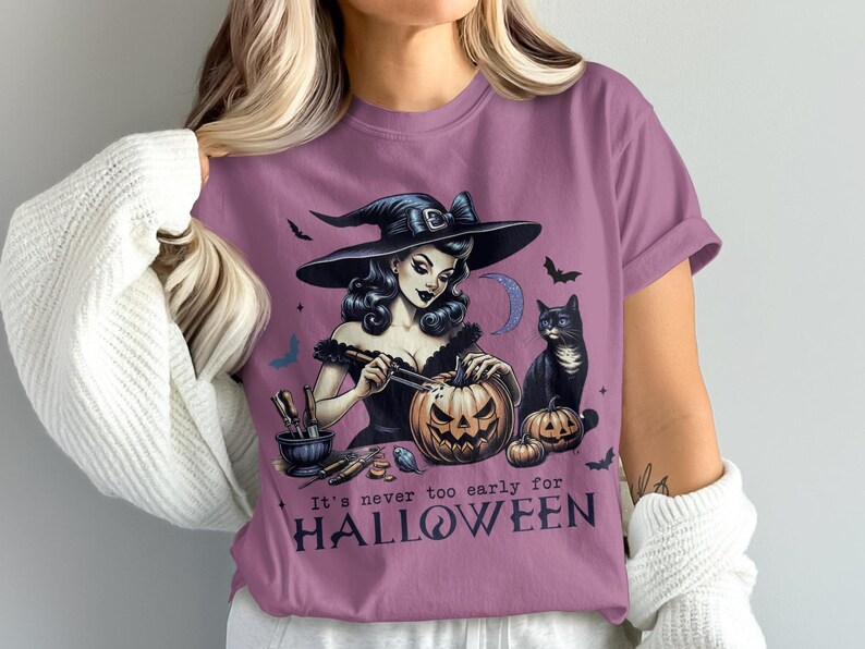 It's never too early for Halloween t-shirt, Witch and cat graphic tee, Gothic Halloween shirt, Spooky season clothing