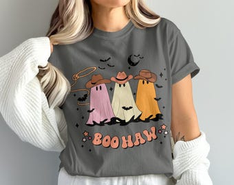 Komfortfarben BooHaw Ghost T-Shirt, Cowboy Ghosts Tee, Halloween T-Shirt, gruselige Saison, süßes Halloween Ghost Shirt, Retro Western Ghost Party Tee