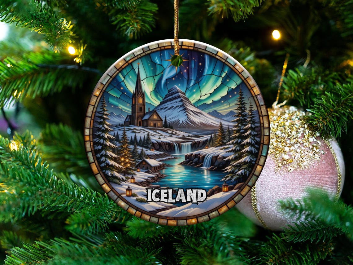 Iceland Ornament,northern Lights,winter Scene Ornament,mountain Church ...