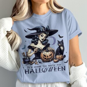 Halloween Witch Graphic Tee, Never Too Early for Halloween Shirt, Vintage Witch and Black Cat Print, Pumpkin Carving Halloween Tee