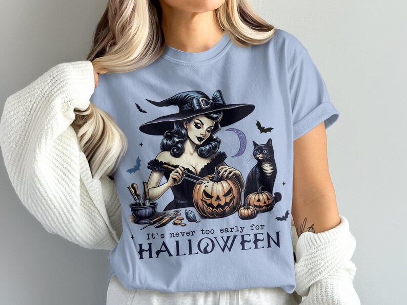 Halloween Witch Graphic Tee, Never Too Early for Halloween Shirt, Vintage Witch and Black Cat Print, Pumpkin Carving Halloween Tee