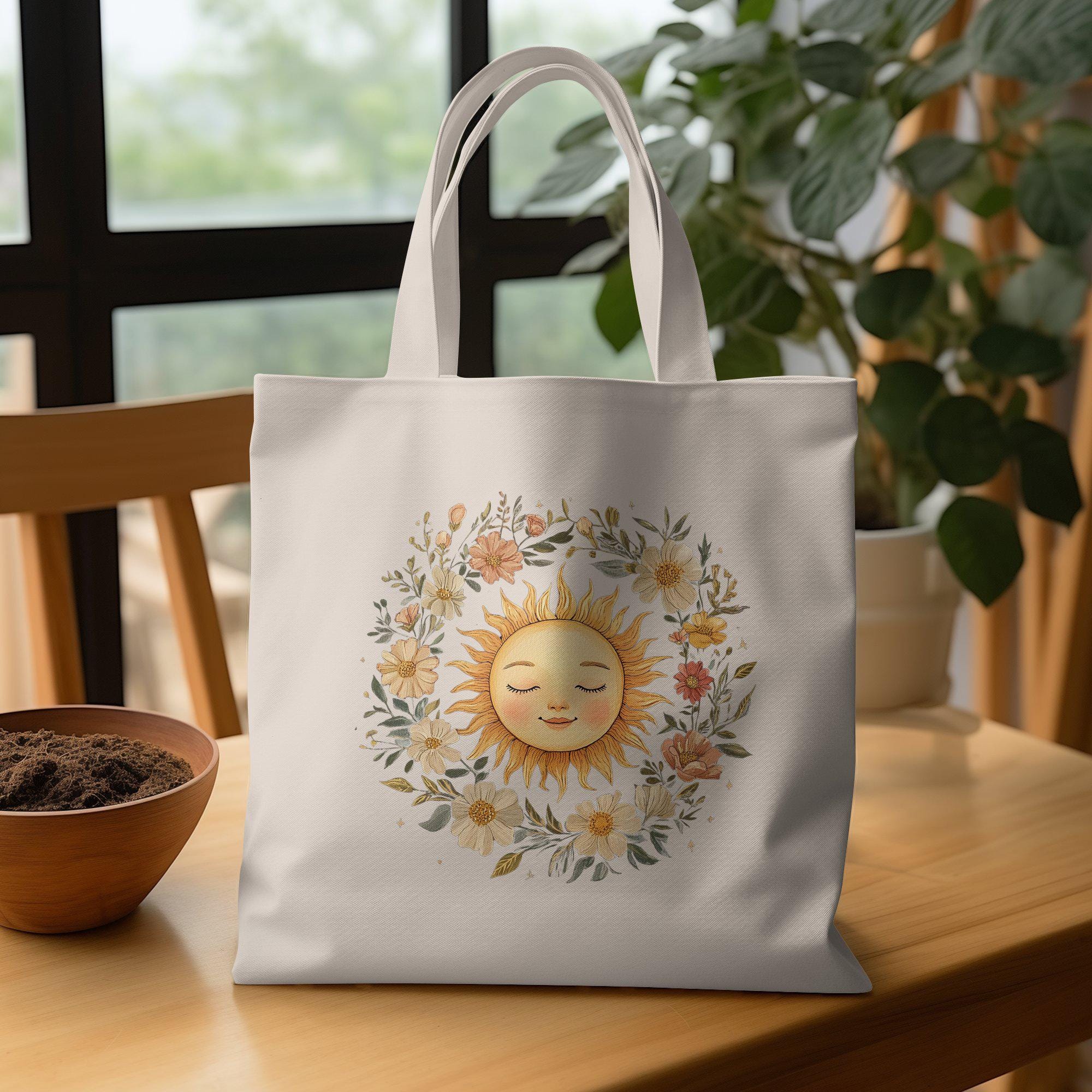 かわいいひまわりトートバッグ、花と太陽のイラスト、環境に優しい再