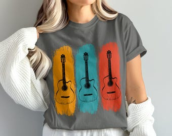 Comfort ColorsGuitar Art T-Shirt, Retro Guitar Design Tee, Music Lover Gift Shirt, Vintage Guitar Graphic Top, Cool Musician Shirt