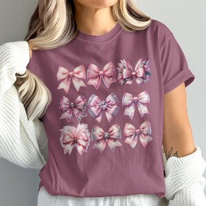 Comfort ColorsPink Bow T-Shirt, Cute Bows Graphic Tee, Kawaii Bow Designs T-Shirt, Girly Pink Bow Print Tee, Fashionable Bow Tie Shirt