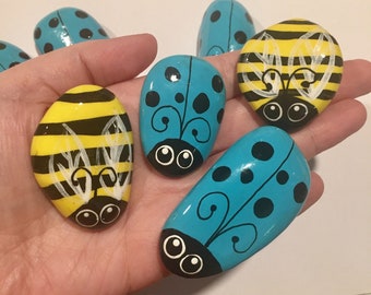 Set of 10 (2 1/2- 3 inches) Bumblebee and blue Ladybug painted rocks, Ladybug rocks for garden, home decor, garden decoration, kindness rock