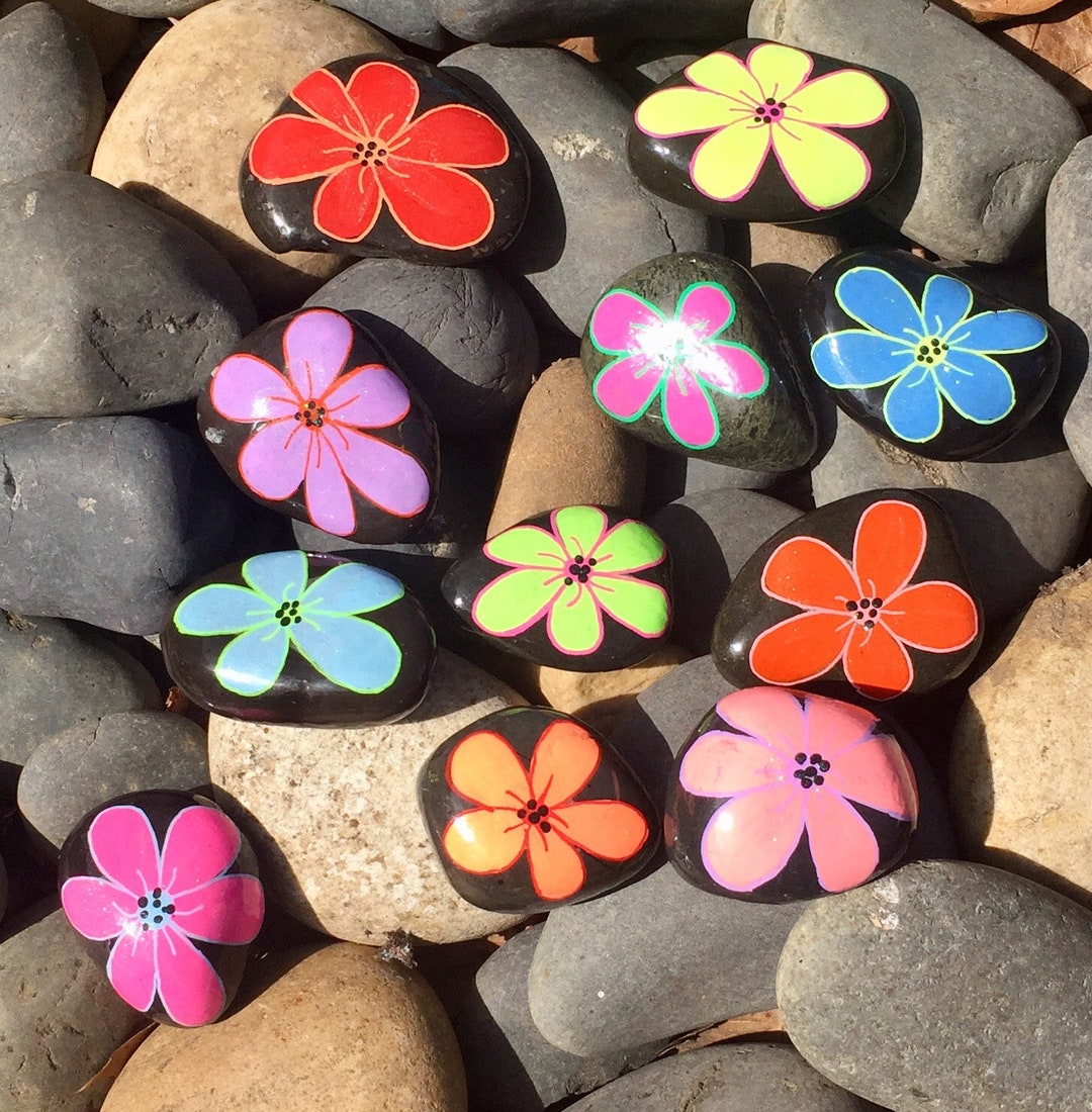 Set of 10 Pretty Bright Flower Rocks for Garden, as Kindness Rocks