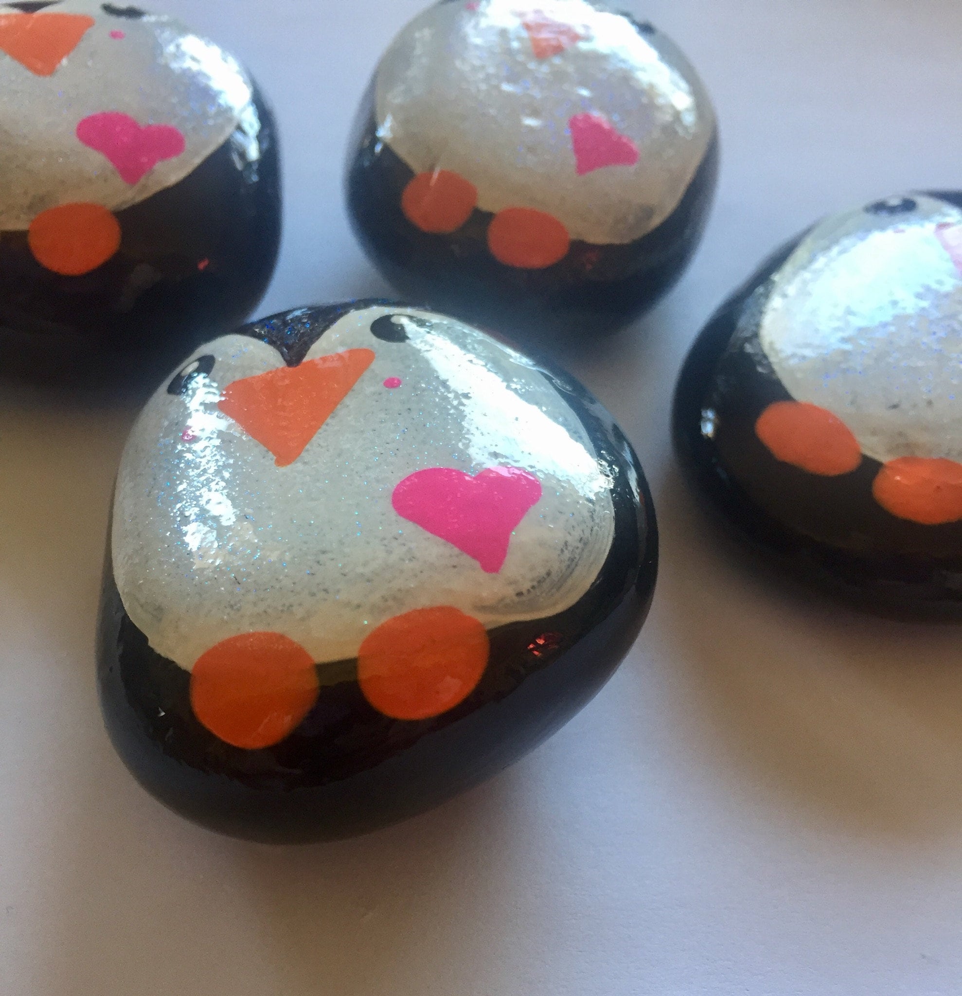10 (3-4 Inch) Painted Penguin Rocks With Pink Hearts