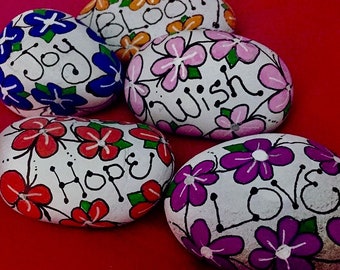Floral Painted Rocks, Inspirational Kindness Stones, Garden Decor, Set of 5