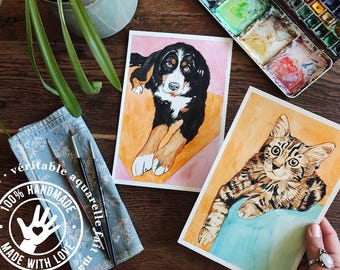 custom pet portrait, handmade watercolor from photo, dog portrait, cat portrait, animal illustration