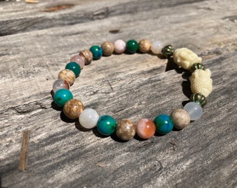 Ancient Flowers & Creatures Reiki-Blessed Bracelet: Flower Agate, Chrysocolla, Crinoid Fossil, Brass Lanterns, Acrylic Buddha Head