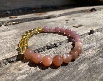 Citrus Rose Moon Reiki-Blessed Bracelet: Citrine, Moonstone, Madagascar Rose Quartz