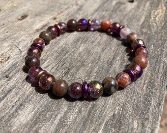 Purple Autumn Sunset Reiki-Blessed Bracelet: Auralite 23, Orange River Jasper, Purple + Orange Hombre Glass, Czech Glass