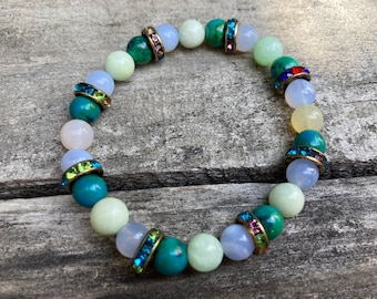 Green Lacey Rainbow Reiki-Blessed Bracelet: Malachite, Peruvian Rainbow Opal, Blue Lace Agate, Rhinestone Rhondelles