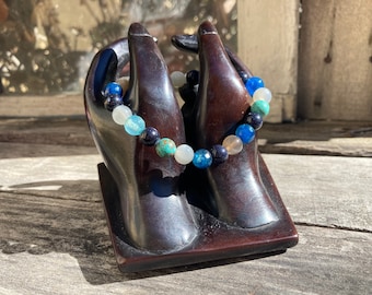 Blue Moon Reiki-Blessed Bracelet: Blue Goldstone, Moonstone, Dragon Vein Agate, Turquoise Trail Copper