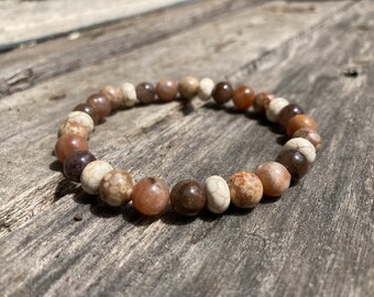 Earth Howl Reiki-Blessed Bracelet: Howlite, Sunstone, Red Rutilated Quartz, Crinoid Fossil