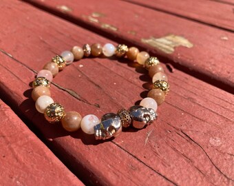 Classy Earth Tones & Rose Gold Skulls Reiki-Blessed Bracelet: Sunstone, Flower Agate, Gold Lava Stone, Rose Gold Metal Skulls, Resin