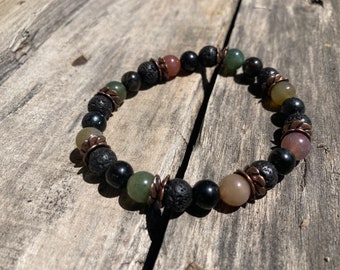 Purpose on Earth Reiki-Blessed Bracelet: Arfvedsonite, Basaltic Lava Stone, Indian Agate, Metal Rondelles