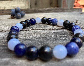 Garganta + Tercer Ojo Amor Reiki-Pulsera Bendicida: Ágata de encaje azul, Piedra dorada azul, Sodalita, Astrofilita