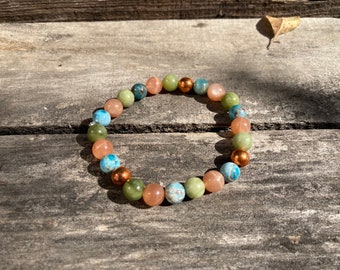 Tierra elemental Sunset Reiki Pulsera bendita: Apatita azul, Piedra solar, Gobi Jade, Atardecer de cobre